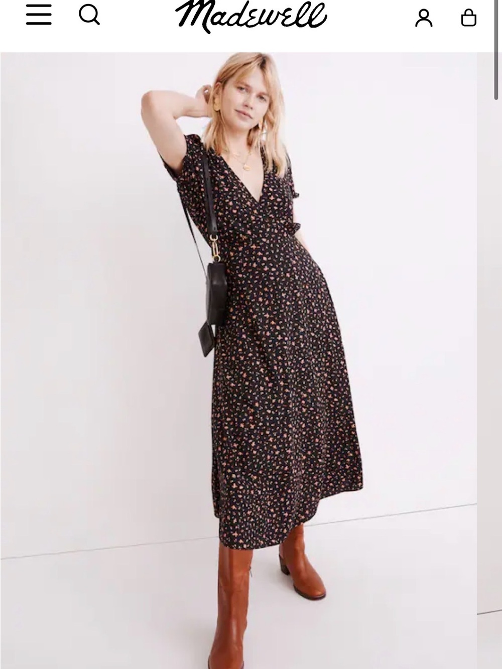 Madewell Puff-Sleeve Faux-Wrap Midi Dress in floral Stem Scatter